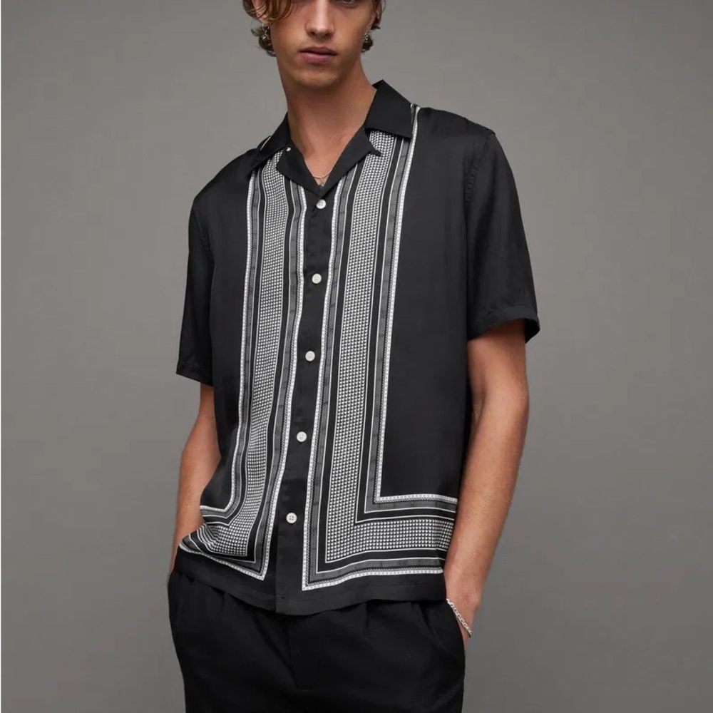 All Saints Men’s Orizabo Bandana Print Relaxed Fit Shirt Jet Black